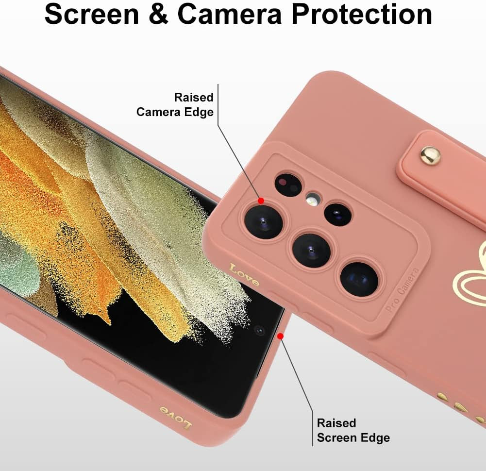 Fiyart Designed for Samsung Galaxy S21 Ultra Case with Phone Stand Holder Cute Love Hearts Protective Camera Protection Cover with Wrist Strap for Women Girls for Galaxy S21 Ultra 6.8"-Pink  Fiyart   