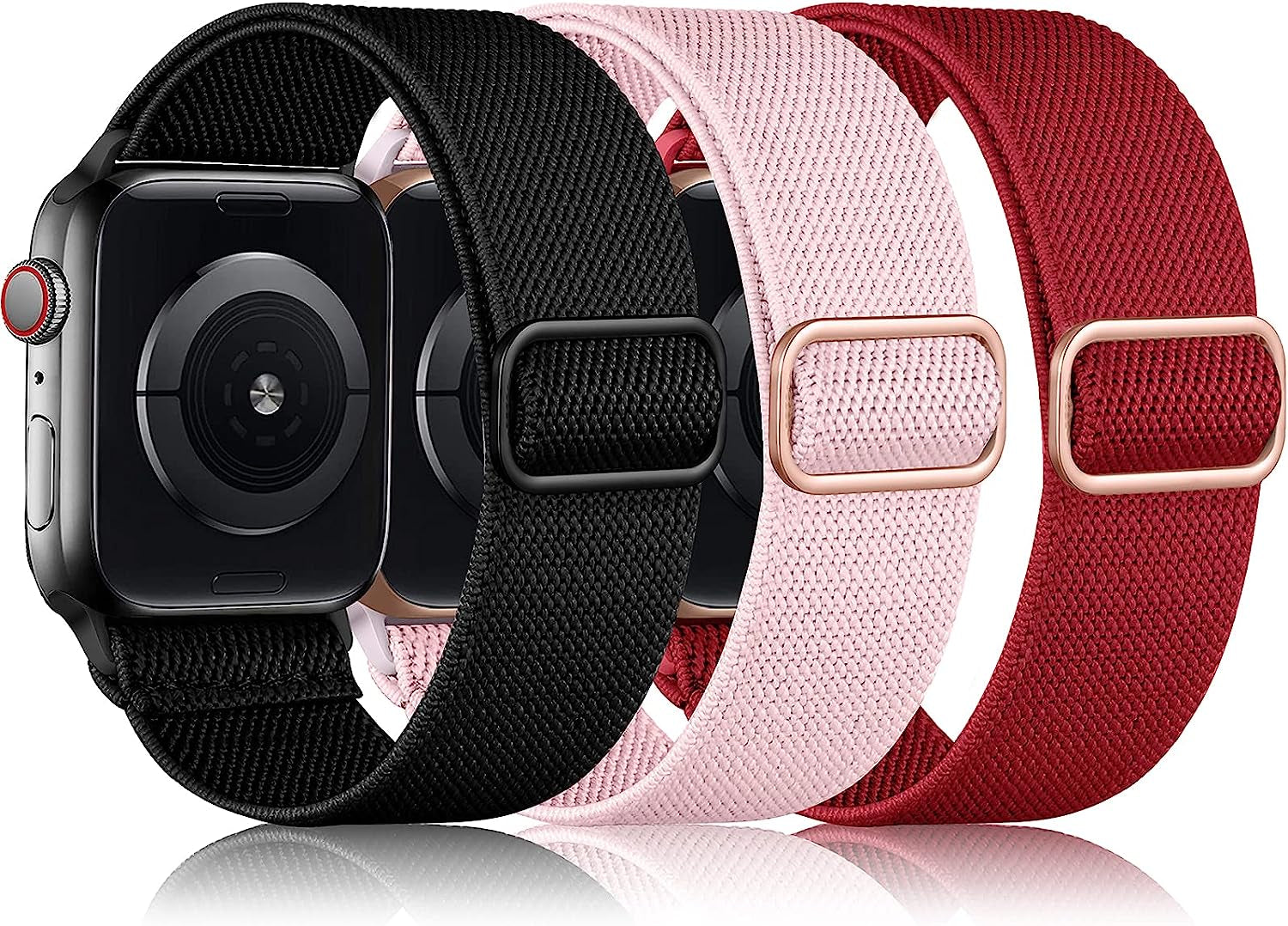 Daqin 3 Pack Stretchy Nylon Solo Loop Band Compatible with Apple Watch Band 41Mm 45Mm 38Mm 40Mm 42Mm 44Mm 49Mm, Adjustable Elastic Braided Straps for Apple Watch Ultra Iwatch Series 8/7/6/5/4/3/2/1/SE  Ylire-US Black/Pink Sand/Red 38mm/40mm/41mm 