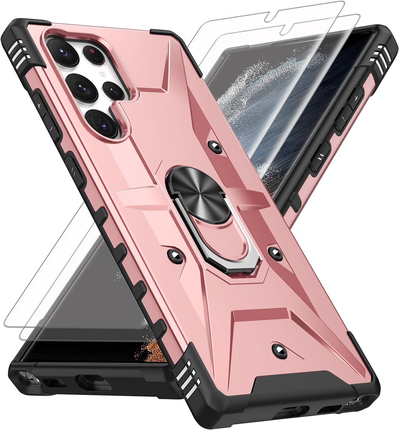 AKINIK for Samsung Galaxy S22 Ultra Case, S22 Ultra Case with Self Healing Flexible TPU Screen Protector [2 Pack], Military Grade with Kickstand Case for Galaxy S22 Ultra 5G-Red  AKINIK Wj- Rose Gold  