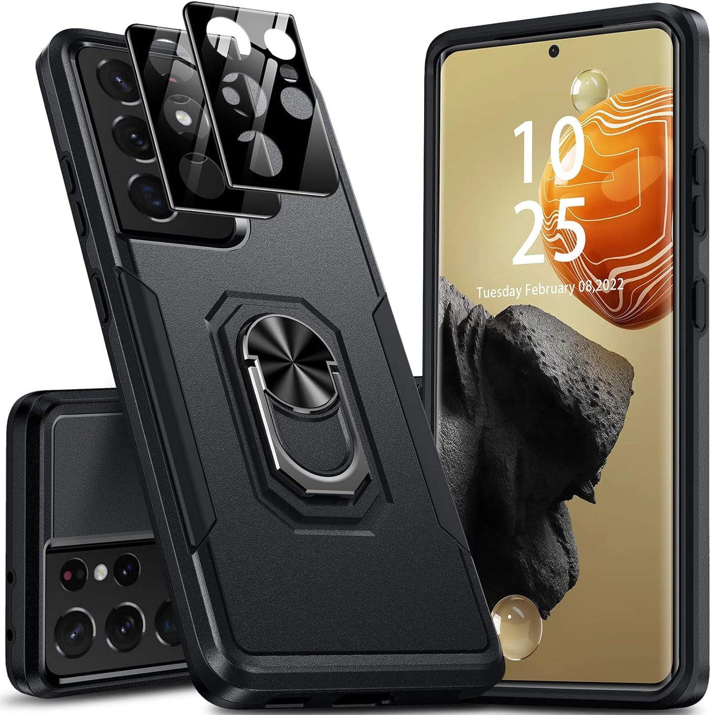 Oterkin for S21 Ultra Case 5G,Samsung Galaxy S21 Ultra Case with [2 X 9H Lens Protectors][Adjustable Ring Kickstand] Shockproof Anti-Scratch Heavy Duty Phone Case for Galaxy S21 Ultra (Pink)  Oterkin Black  