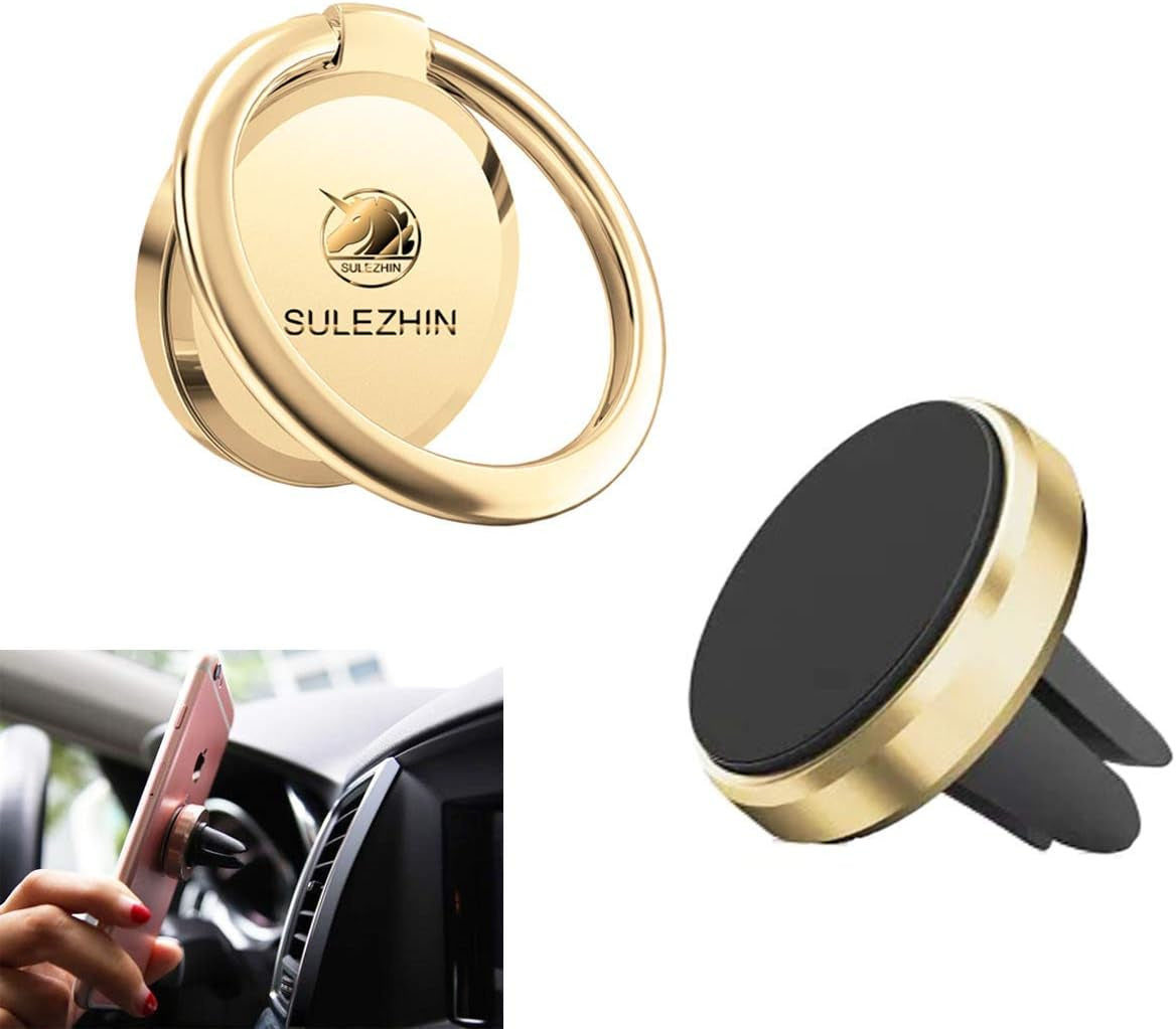 Phone Ring Holder Stand Finger Kickstand 360° Rotation Metal Ring Grip with Magnetic Phone Car Mount Holder Set Compatible with Iphone, Samsung, LG, Sony, HTC ETC (Rose Gold)  sulezhin gold  