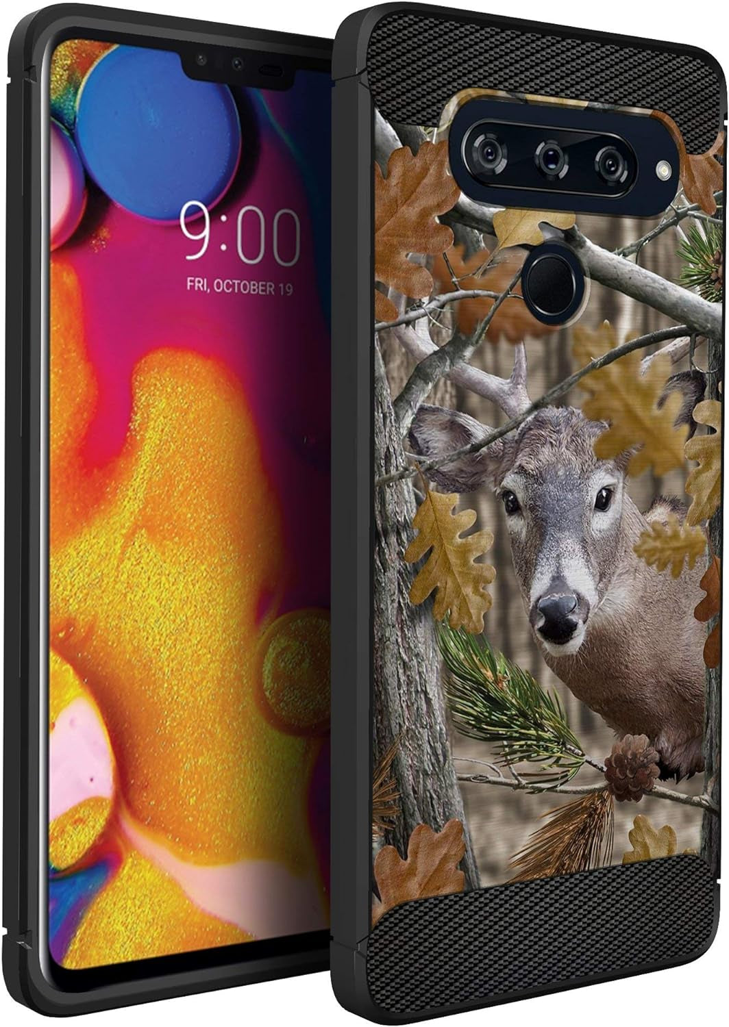Cases on Deck White Case Compatible with [LG V40 Thinq] Hunters Series Slim No Bulk Carbon Fiber Texture Black Flexible TPU Material (Snow Hunters Camo)  CasesonDeck Deer Tree Camo  