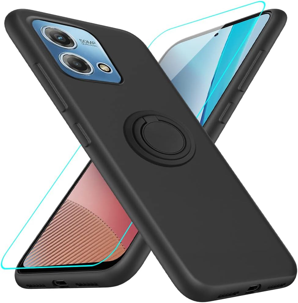For Motorola Moto G 5G 2023 Phone Case with Glass Screen Protector, 360° Rotatable Ring Holder Magnetic Kickstand/Stand Silicone TPU Shockproof Protective Cover Case for Motorola Moto G 5G - Black  Nijiadi Moto G Stylus1 2023 Black  