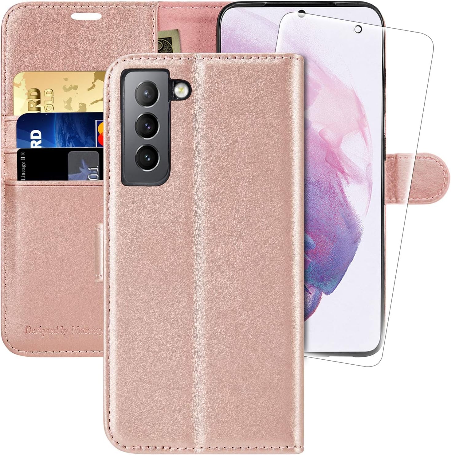 MONASAY Wallet Case for Galaxy S21+Plus 5G, 6.7 Inch [Screen Protector Included][Rfid Blocking] Flip Folio Leather Cell Phone Cover with Credit Card Holder, Lavenders  MONASAY Rosegold  