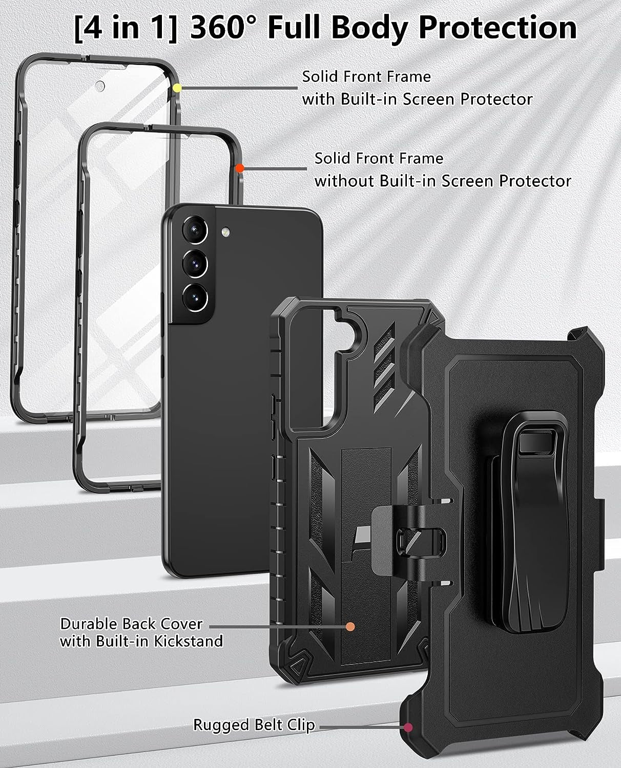 FNTCASE for Samsung Galaxy S22 plus Case: Shockproof Durable S22+ Cell Phone Cover with Built-In Kickstand | TPU Bumper Textured | Full-Body Protective Rugged Belt-Clip Holster Designed Black  DAMAI   