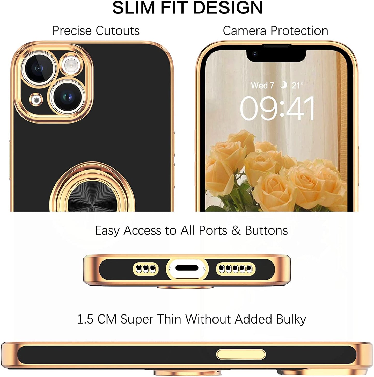 VENINGO Iphone 14 Case,Phone Cases for Iphone 14,Slim Fit Soft 360° Ring Holder Kickstand Magnetic Car Mount Supported Easy Clean Shockproof Protective Cover for Apple Iphone 14 6.1" 2022,Black/Golden  VENINGO   