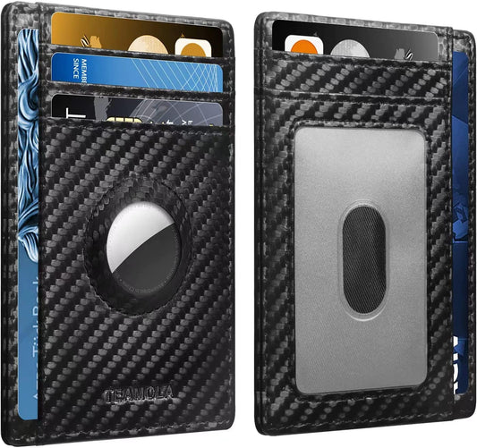 TEAMOLA Wallet with Airtag Holder for Mens, Slim Carbon Fiber Wallets for Men RFID Blocking Minimalist Wallets Business Credit Card Holder Black Airtag Wallet for Men Gift (Not Included Airtag)  TEAMOLA   