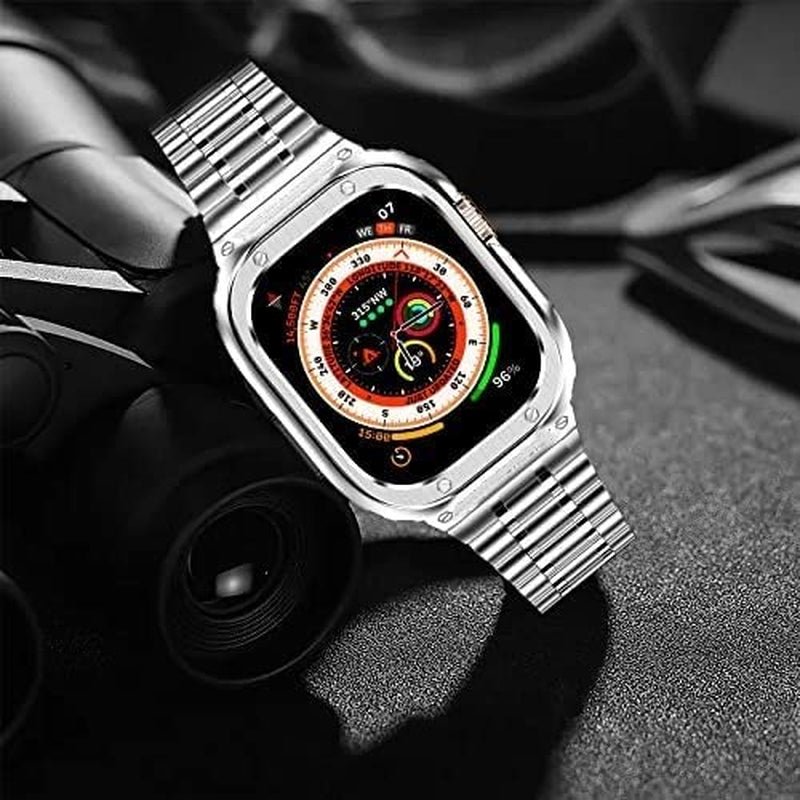 Miohhr Stainless Steel Watch Band with Case Compatible with Apple Watch Ultra (49Mm),Rugged Strap with Metal Protective Bumper Cover for Iwatch Band Men (Silver)  MioHHR   