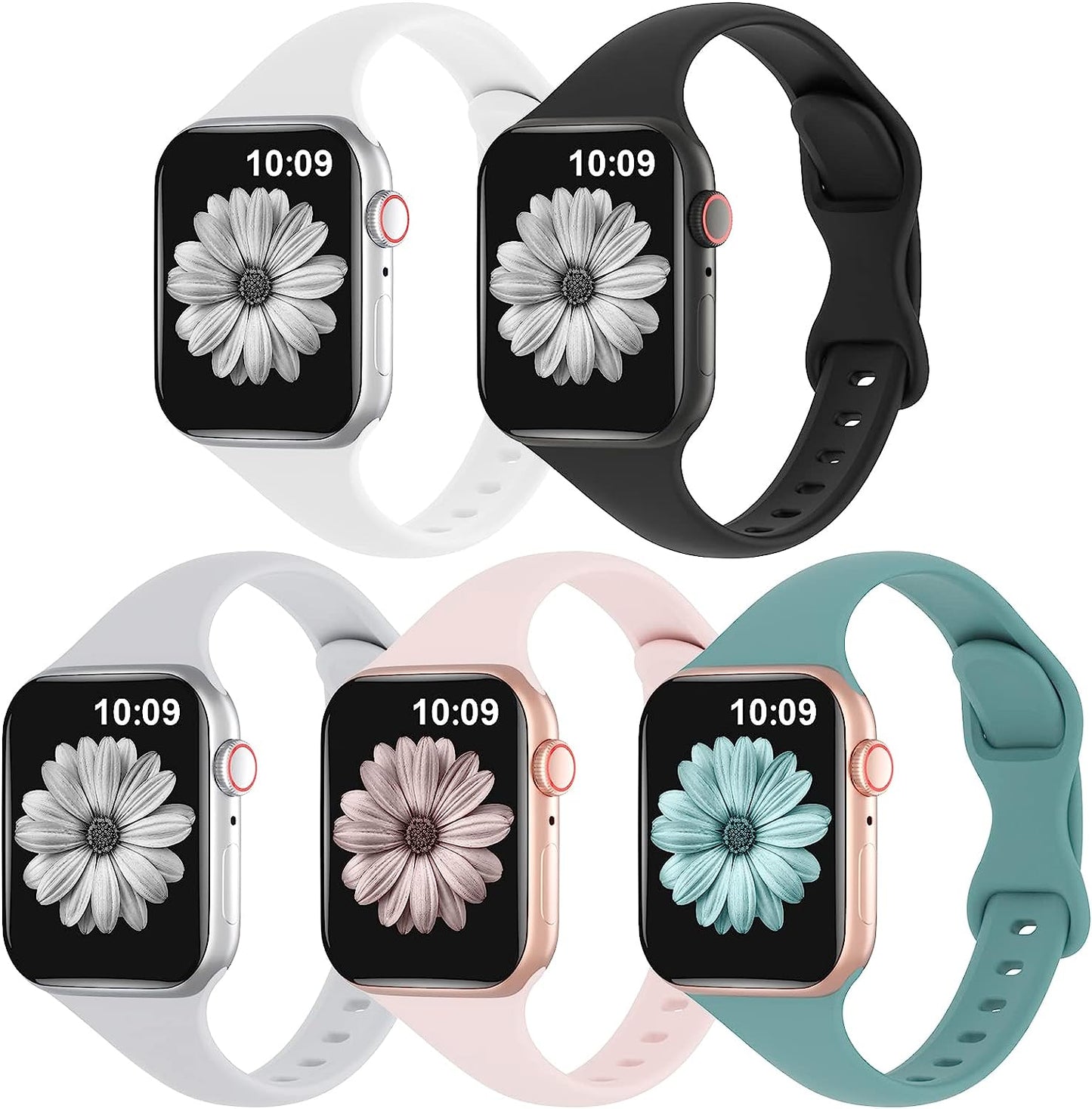 TSAAGAN 5 Pack Silicone Slim Bands Compatible with Apple Watch Band 38Mm 42Mm 40Mm 44Mm 41Mm 45Mm 49Mm, Soft Narrow Sport Strap Thin Wristband for Iwatch Ultra Series 8/7/SE/6/5/4/3/2/1 Women Men  TSAAGAN White/Black/Grey/Sand Pink/Cactus 38/40/41mm 