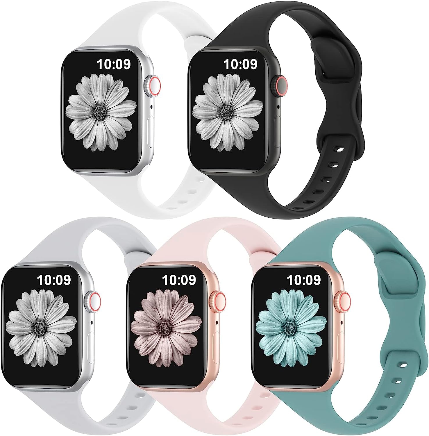 TSAAGAN 5 Pack Silicone Slim Bands Compatible with Apple Watch Band 38Mm 42Mm 40Mm 44Mm 41Mm 45Mm 49Mm, Soft Narrow Sport Strap Thin Wristband for Iwatch Ultra Series 8/7/SE/6/5/4/3/2/1 Women Men  TSAAGAN White/Black/Grey/Sand Pink/Cactus 38/40/41mm 
