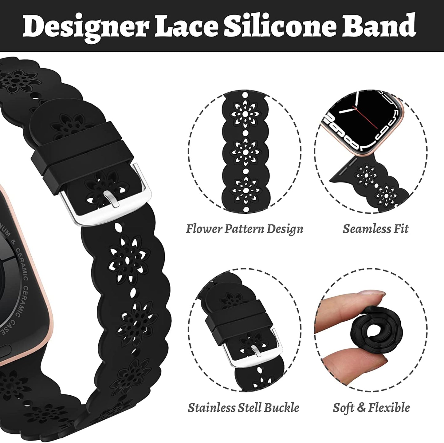 Floral Silicone Band Compatible with Apple Watch Bands 38Mm 40Mm 42Mm 44Mm 41Mm 45Mm 49Mm Women Men, Slim Hollow-Out Design Wristbands Soft Sport Breathable Watch Bands for Iwatch Ultra SE Series 8/7/6/5/4/3/2/1  Wewatri   