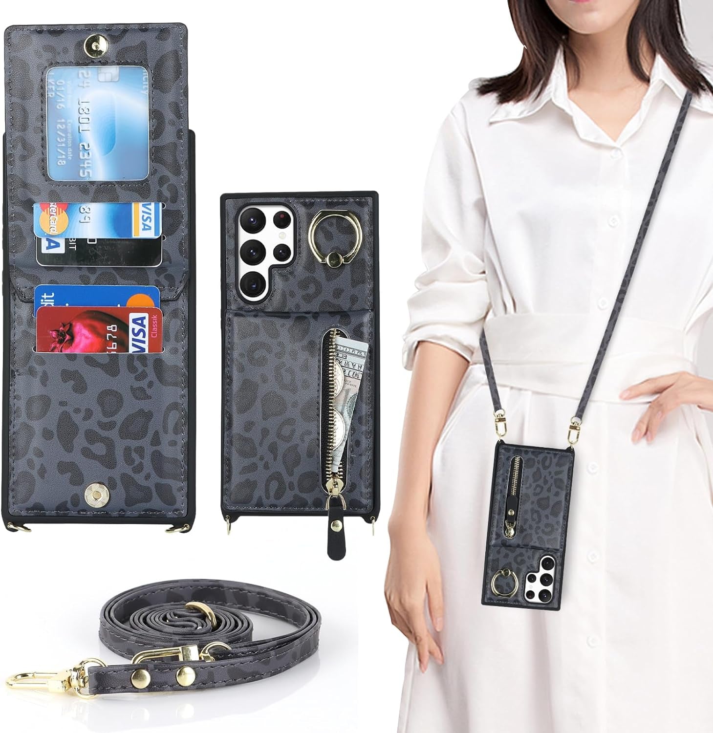 DEYHU Samsung Galaxy Note 20 Ultra Case with Card Holder for Women,Galaxy Note 20 Ultra Phone Case Wallet with Strap Credit Card Slots Crossbody with Kickstand Zipper Case - Rose Gold  DEYHU Black Leopard Samsung Galaxy Note 20 Ultra 