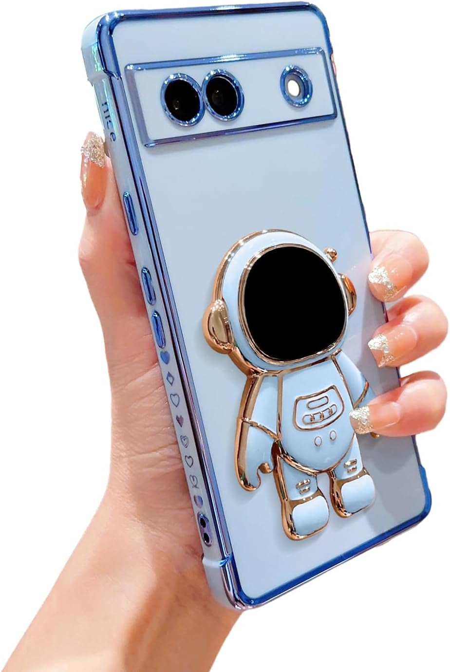 Phylla Phone Case for Google Pixel 7A 6.1” 5G,Luxury Plating Astronaut Stand Holder Phone Case with Cute Love Heart Side Small Pattern Soft Silicone Shockproof Kickstand Cover Bumper (Pink)  phylla Blue  