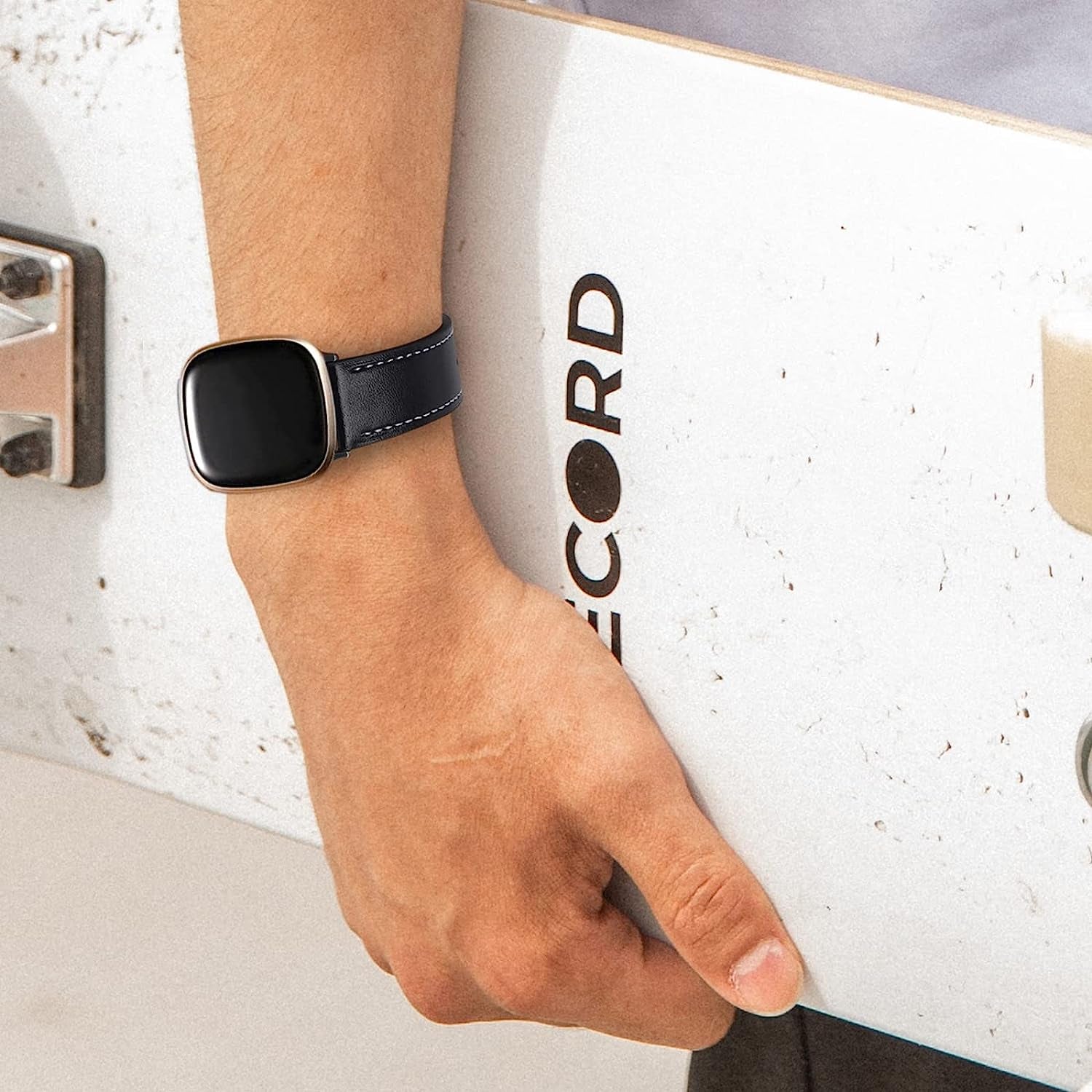 2 Pack Leather Bands Compatible with Fitbit Versa 3 Bands/Fitbit Sense Bands for Women Men, Classic Soft Leather Replacement Wristbands Strap for Fitbit Versa 3 / Fitbit Sense  POHNUI   