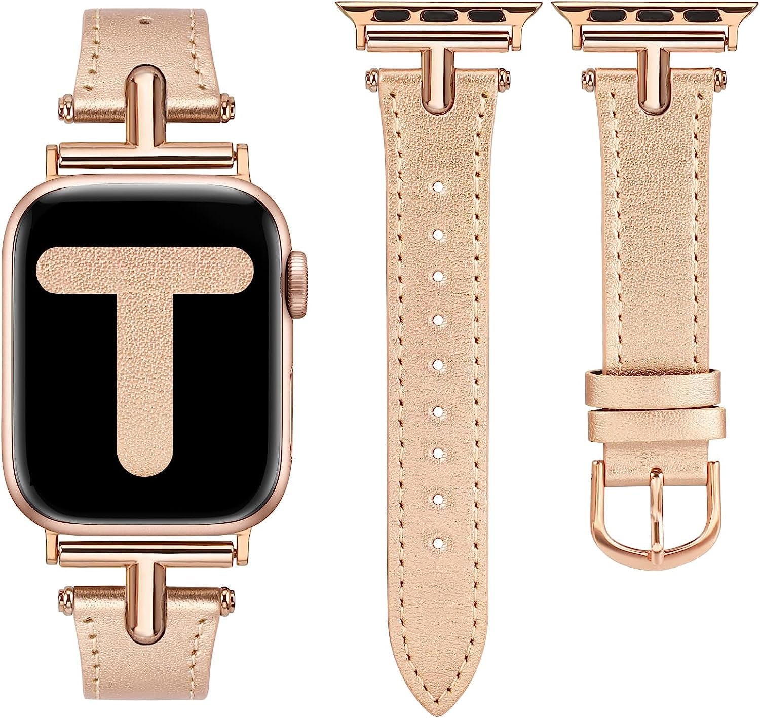 Wearlizer Leather Band Compatible with Apple Watch Band Women 38Mm 40Mm 41Mm 42Mm 44Mm 45Mm 49Mm Dressy Fashion Leather Strap with T-Shape Metal Buckle for Iwatch Bands Ultra SE Series 8 7 6 5 4 3 2 1  Wearlizer Rose Gold/Rose Gold Buckle 38/40/41mm 