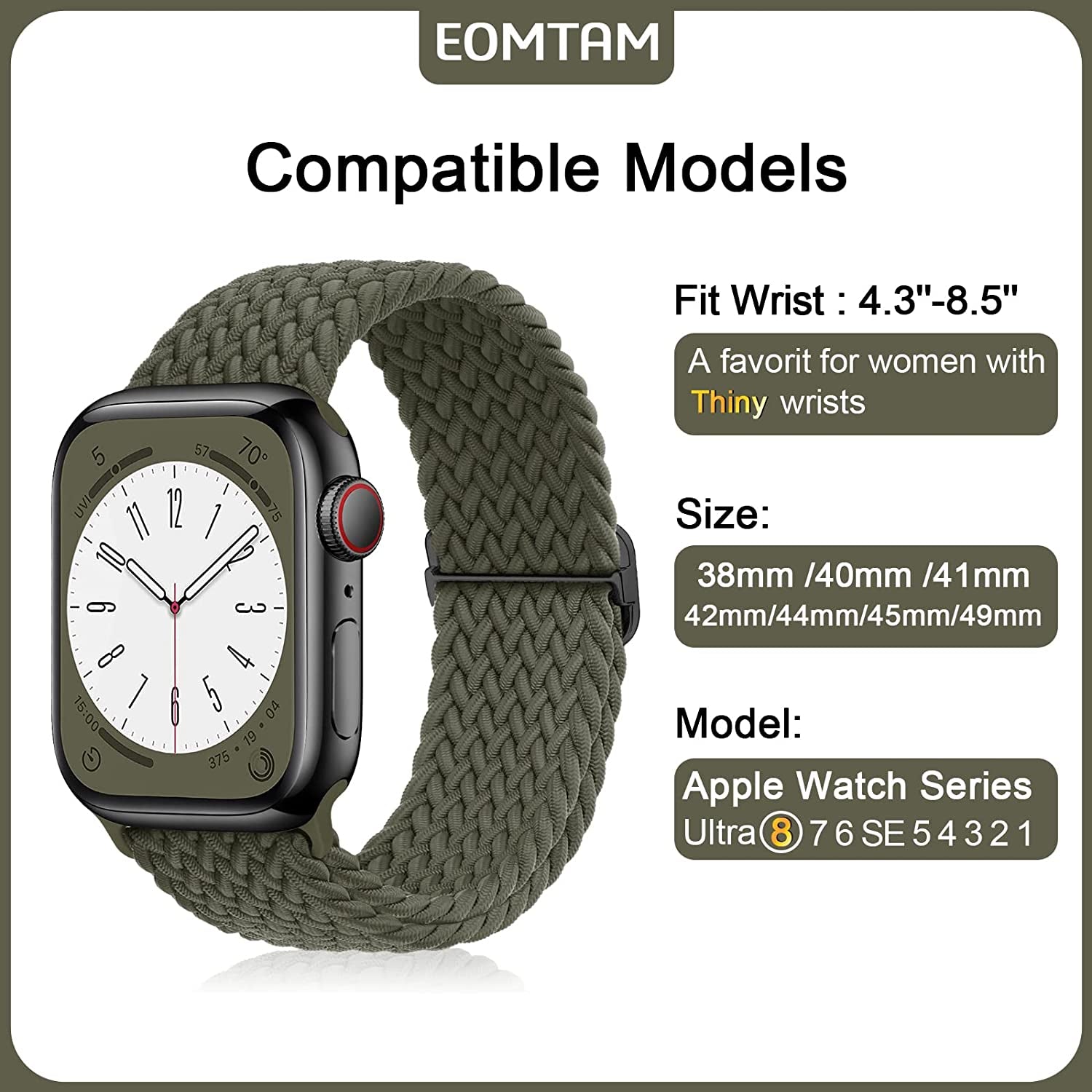 EOMTAM 5 Pack Braided Stretchy Straps Compatible for Apple Watch Band 49Mm 45Mm 44Mm 42Mm 38Mm 40Mm 41Mm Men Women ,Sport Elastic Nylon Cloth Adjustable Wristbands for Iwatch Series Ultra 8 SE 7 6 5 4 3  EOMTAM   