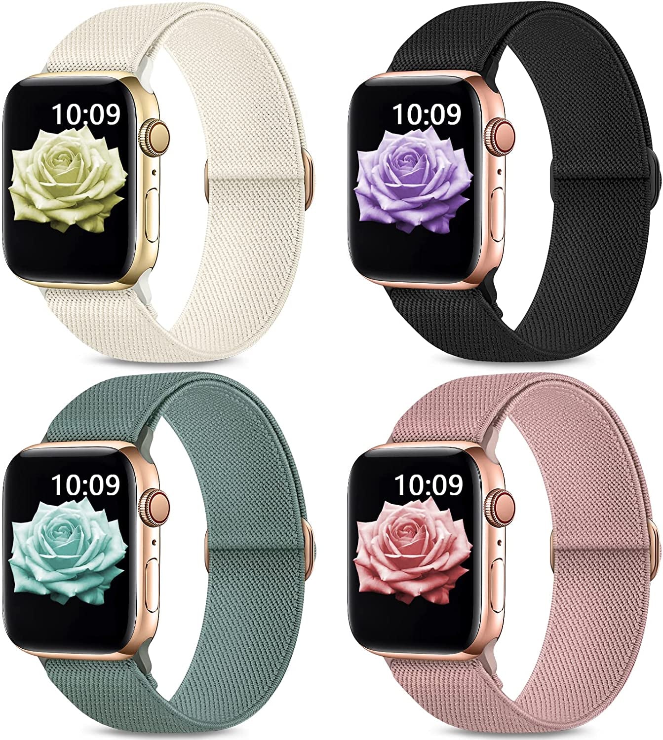Stretchy Nylon Bands Compatible with Apple Watch Band 38Mm 40Mm 41Mm 42Mm 44Mm 45Mm 49Mm for Women Men, Elastic Solo Loop Adjustable Sport Braided Strap for Iwatch Series 8 7 SE 6 5 4 3 2 1,4 Packs  Sunnywoo   