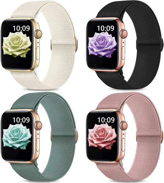 Stretchy Nylon Bands Compatible with Apple Watch Band 38Mm 40Mm 41Mm 42Mm 44Mm 45Mm 49Mm for Women Men, Elastic Solo Loop Adjustable Sport Braided Strap for Iwatch Series 8 7 SE 6 5 4 3 2 1,4 Packs  Sunnywoo   