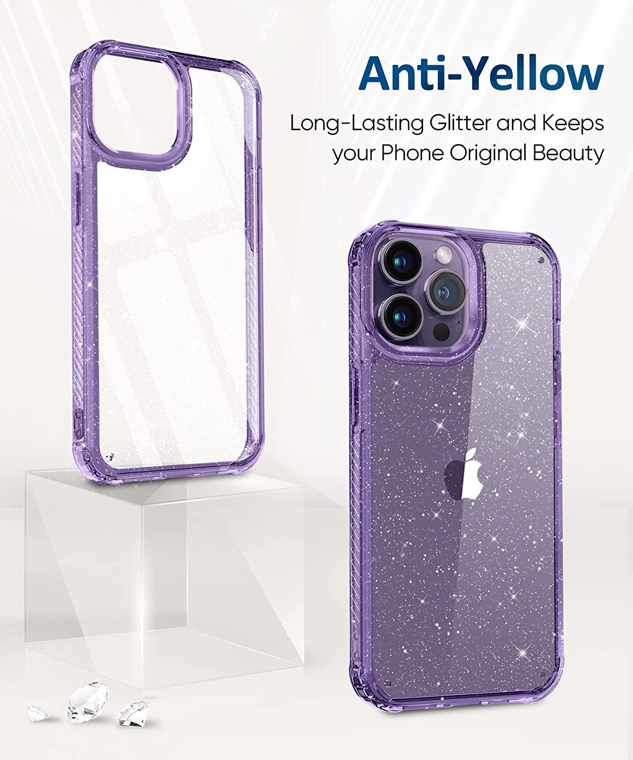 MIODIK for Iphone 14 Pro Max Case Clear Glitter, with Screen Protector + Camera Protector, [Military-Grade Protective] [Non-Yellowing] Slim Shockproof Women Cute Bumper Cover 6.7" 2022 (Light Purple)  MIODIK   