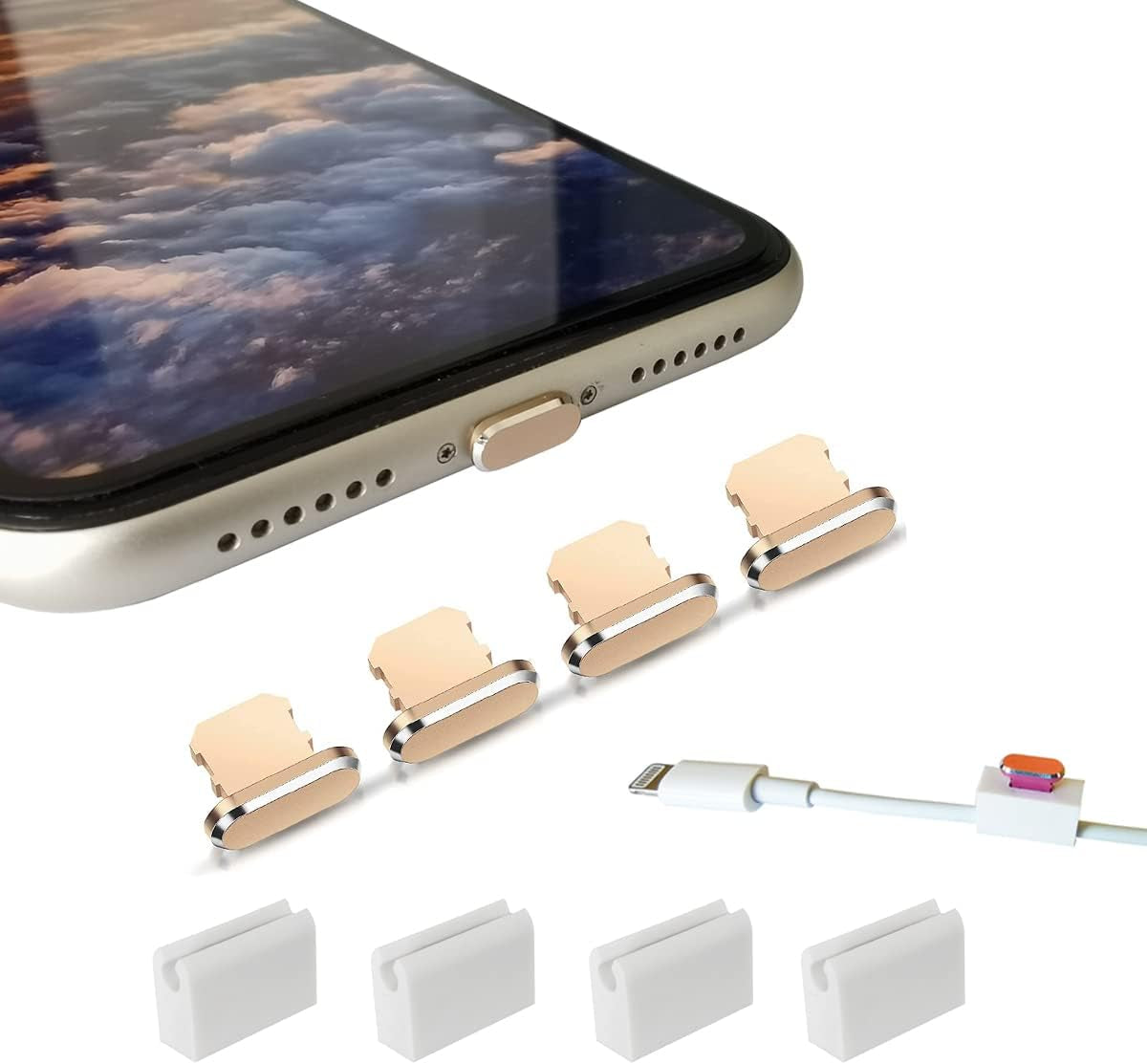 4 Pack Metal anti Dust Plugs Compatible with Iphone 13 12 11 Pro XR XS Ipad Protects Lightning Charging Dust Cover with 4 Pcs Anti-Lost Storage for Iphone X, XS, XR, 8, 7, 6 Plus,Black  Mijusun Gold  