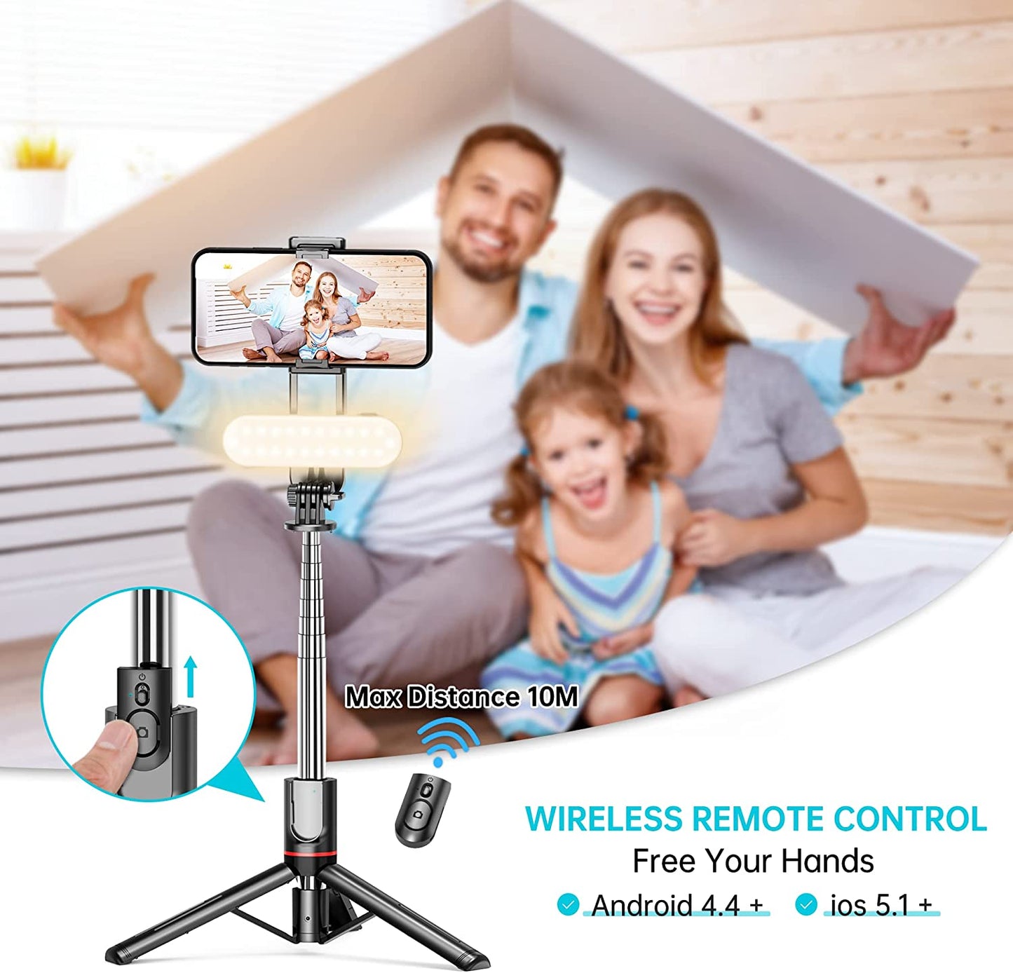 Stable Selfie Stick Tripod with Fill Light, 44 Inch Extendable Selfie Stick with Wireless Remote and Tripod Stand 360 Rotation for Iphone 13/12/11 Pro/Xs Max/Xs/Xr/X/8/7, Samsung and Smartphone  LDP   