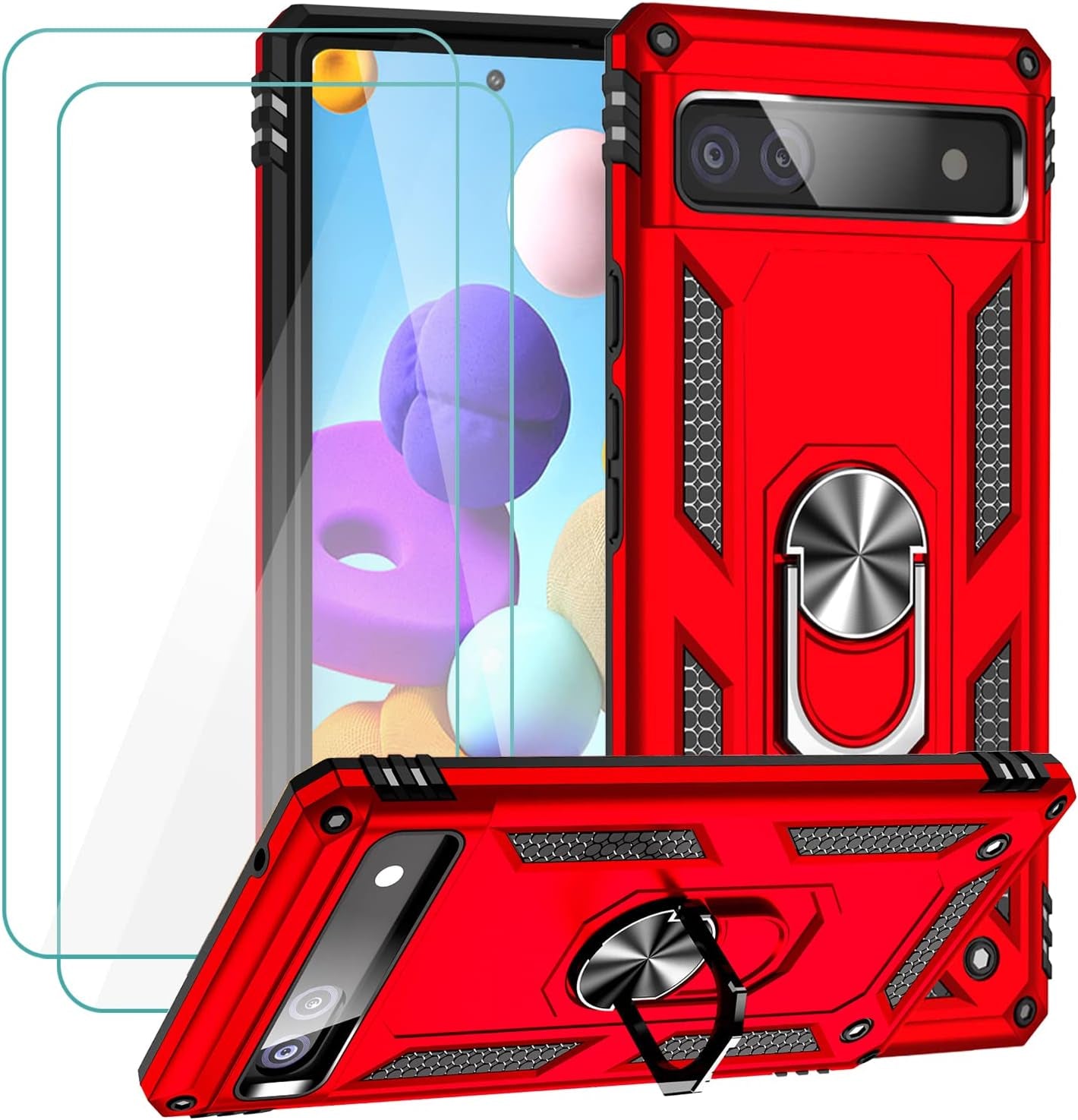 Muntinfe for Google Pixel 6A Case with Tempered Glass Screen Protector [2 Pack], Military-Grade Armor Shockproof Protective Phone Cover with Ring Magnetic Kickstand for Pixel 6A, Black  CAROL Red  