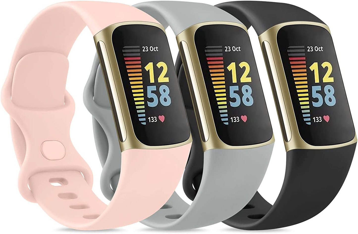 3 Pack Sport Bands Compatible with Fitbit Charge 5 Bands for Women Men, Classic Soft Silicone Replacement Wristbands for Fitbit Charge 5 Fitness Tracker (Small,Rose Gold/Champagne Gold/Wine Red)  AK Pink Sand/Gray/Black Small 