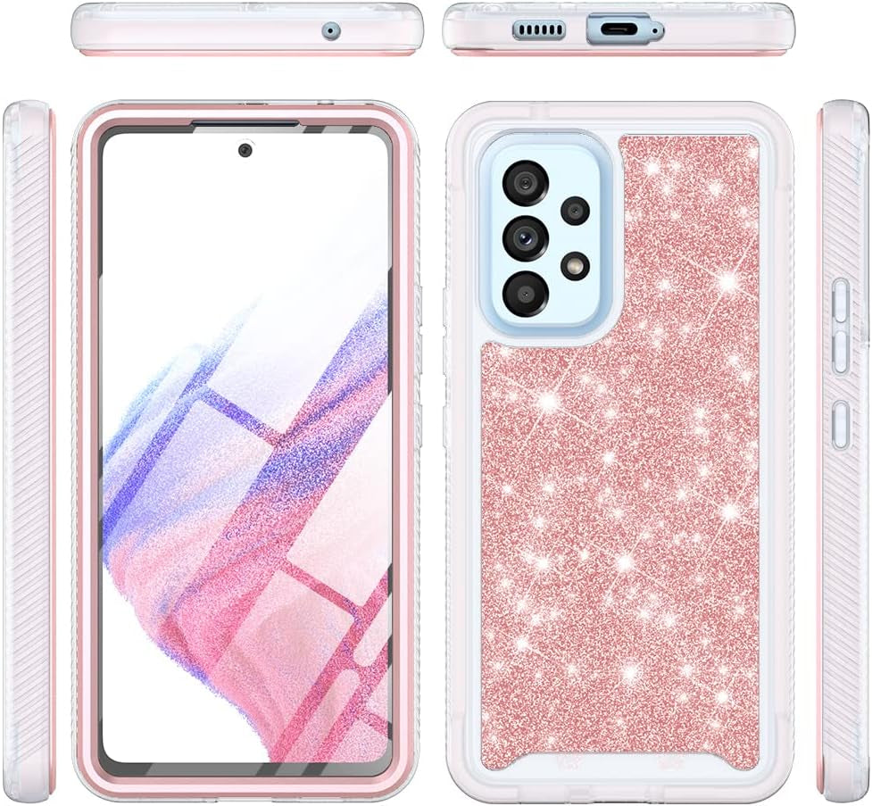 TJS Compatible for Samsung Galaxy A53 5G Case, with [Built-In Screen Protector], Full-Body Drop Protector Cover Glitter Bling Cute Girls Women Design Hybrid Phone Case (Rose Gold)  TJS   