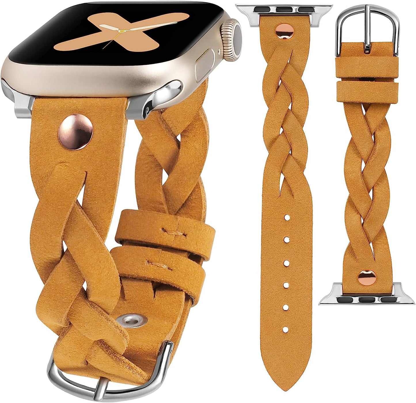 Moolia Braided Leather Strap Compatible with Apple Watch Band 38Mm 40Mm 41Mm 42Mm 44Mm 45Mm 49Mm Women Vintage Thin Replacement Strap Bracelet for Iwatch Series 8/7/6/5/4/3/2/1/SE  Moolia Light Brown/Rose Gold 38/40/41 mm 