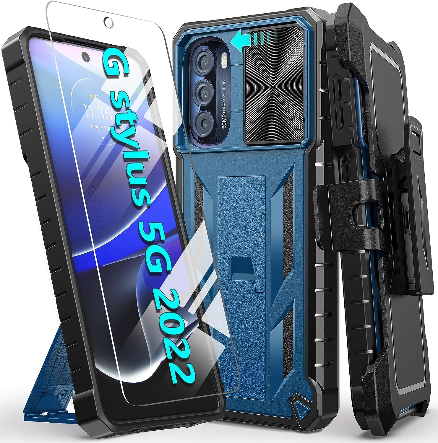 For Motorola Moto G-Stylus 5G-2022 Case: Military Grade Drop Proof Protection Rugged Protective Cell Phone Cover with Belt Clip Holster Kickstand & Slide |Shockproof TPU Matte(Belt-Clip Orange)  WTYOO Belt-Clip Blue  