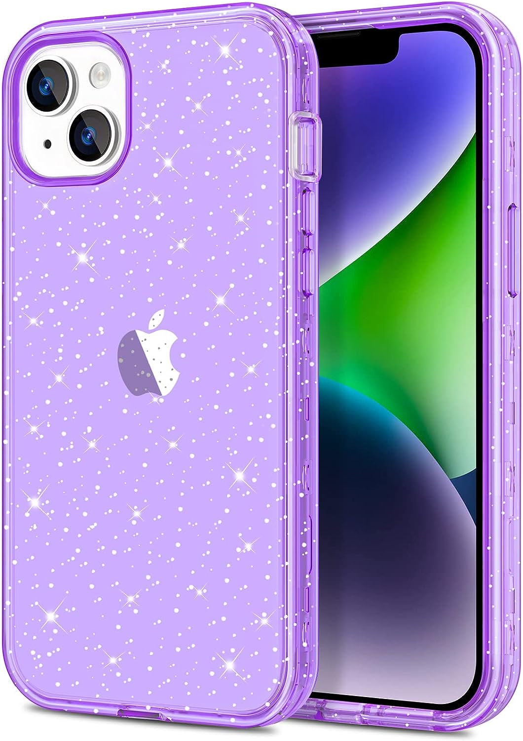 Hython for Iphone 14 plus Case, Heavy Duty Full-Body Defender Protective Phone Cases Glitter Bling Sparkle Hard Shell Hybrid Shockproof/Drop Proof 3-Layer Military Rubber Bumper Cover for Women Girls  Hython Clear/Purple  