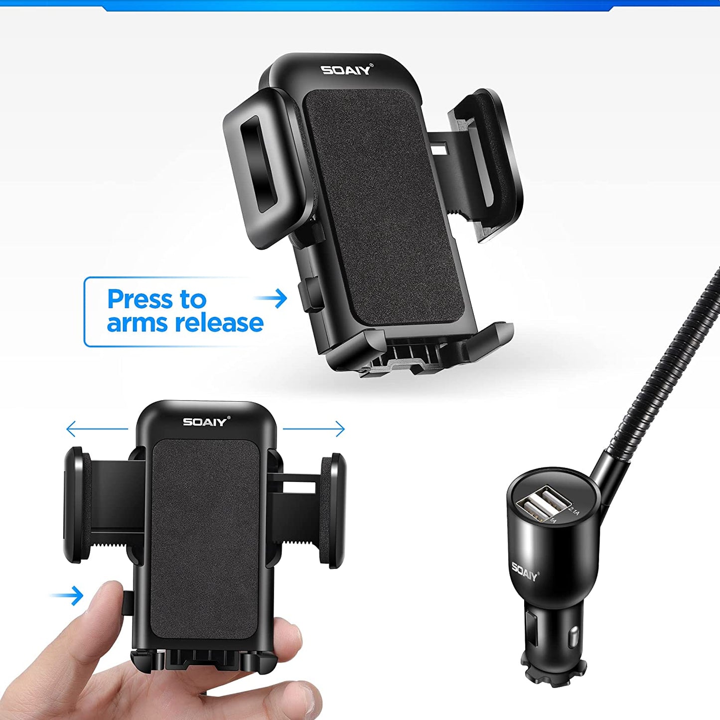 3-In-1 Multifunctional Car Mount + Car Charger + Voltage Detector, SOAIY Car Mount Charger Holder Cradle W/Dual USB 3.1A Charger, Display Voltage Current for Iphone7 6S 6 5S Samsung S7 S6 S5  SOAIY   