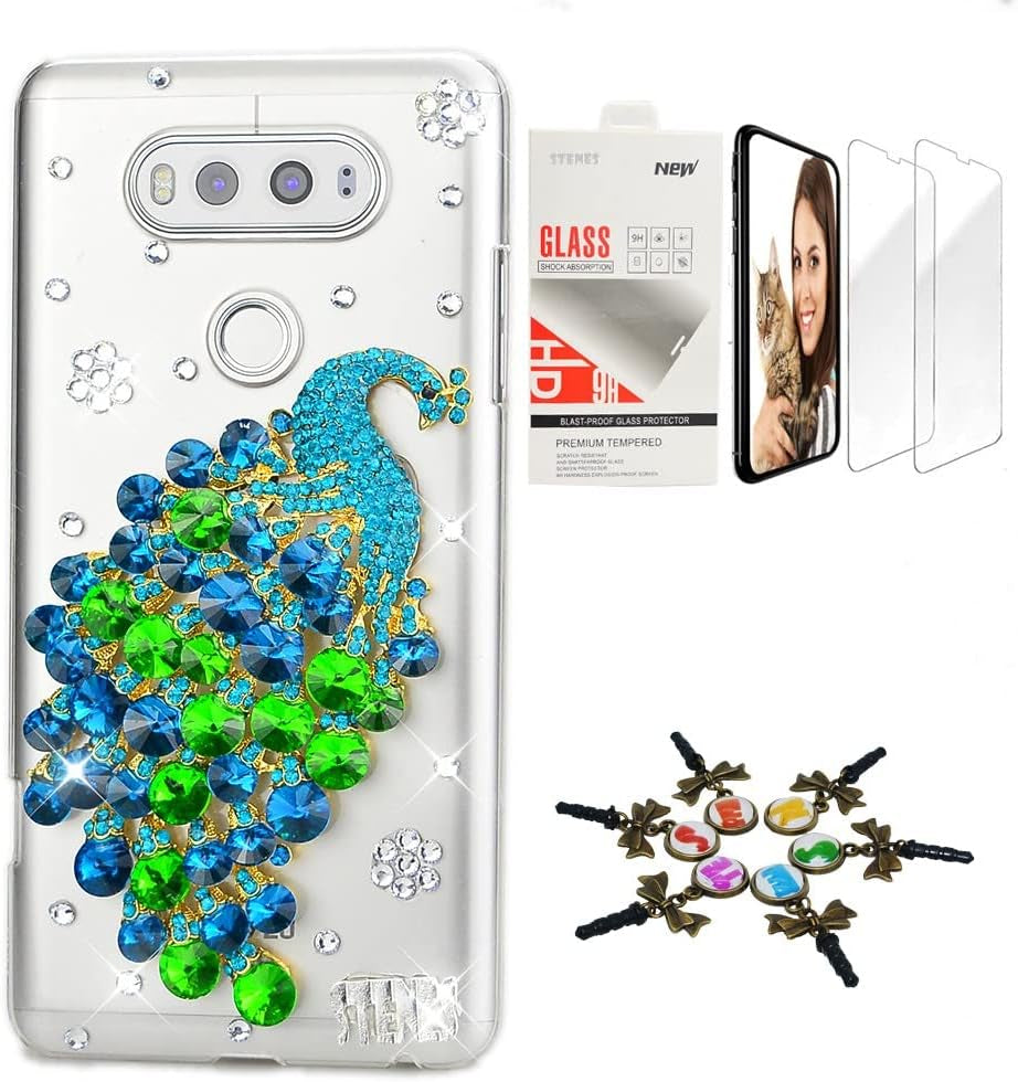 STENES Bling Case Compatible with LG V40 Thinq - Stylish - 3D Handmade [Sparkle Series] Pineapple Love Design Cover with Screen Protector [2 Pack] - Yellow  STENES Luxury Peacock / Green Design For Lg V50 Thinq 
