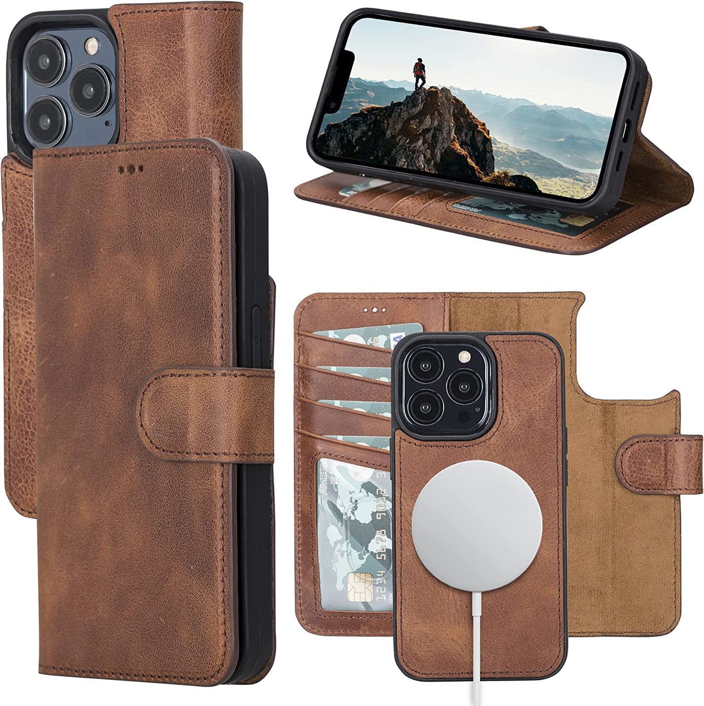OXA Leather 2-In-1 Wallet Case Compatible with Iphone 14 Pro Max | Magnetic Detachable | Shockproof | RFID Blocking | Flip Case with Kickstand | Compatible with Magsafe | - Purple  OXA Brown iPhone 14 Pro 