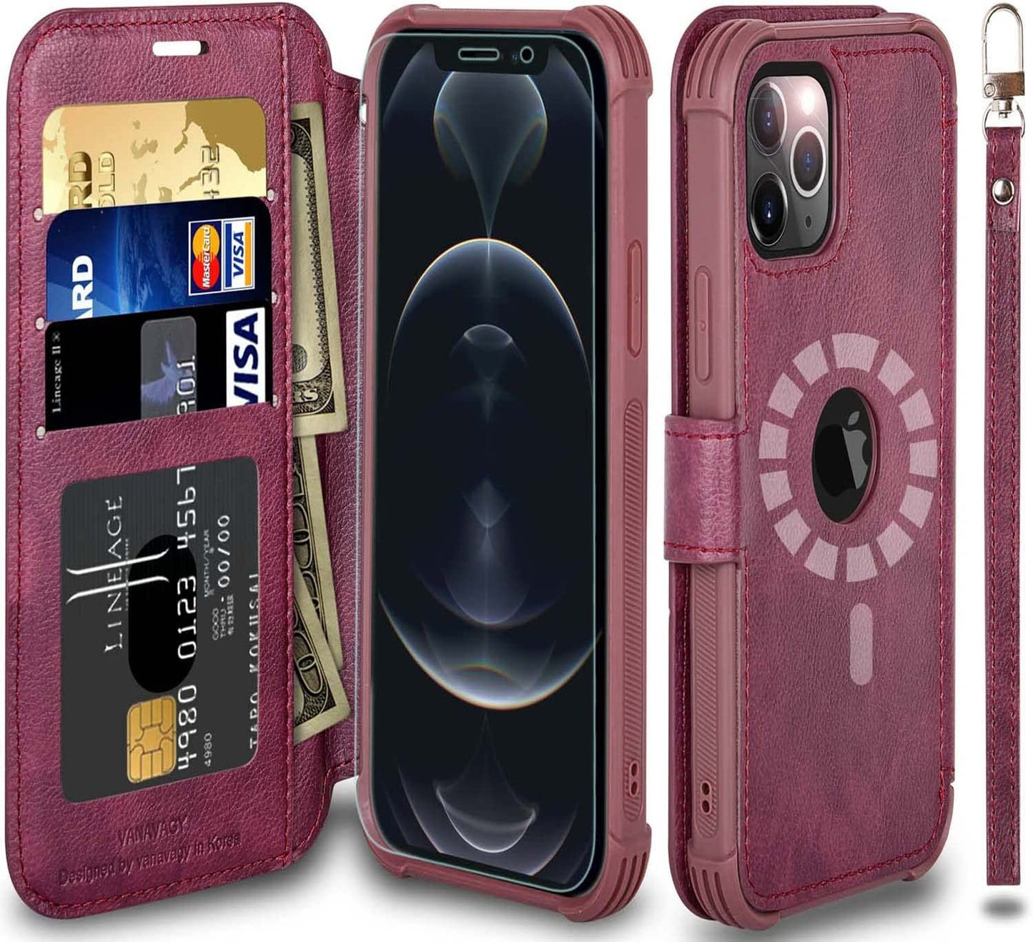 VANAVAGY Iphone 13 Pro Wallet Case Magsafe,Leather Flip Folio Phone Cover Supports Magsafe and Wireless Charging with RFID Block Card Holder and Wrist Strap,Rosegold  VANAVAGY Burgundy(Not for iPhone 13 Pro Max or iPhone 13)  