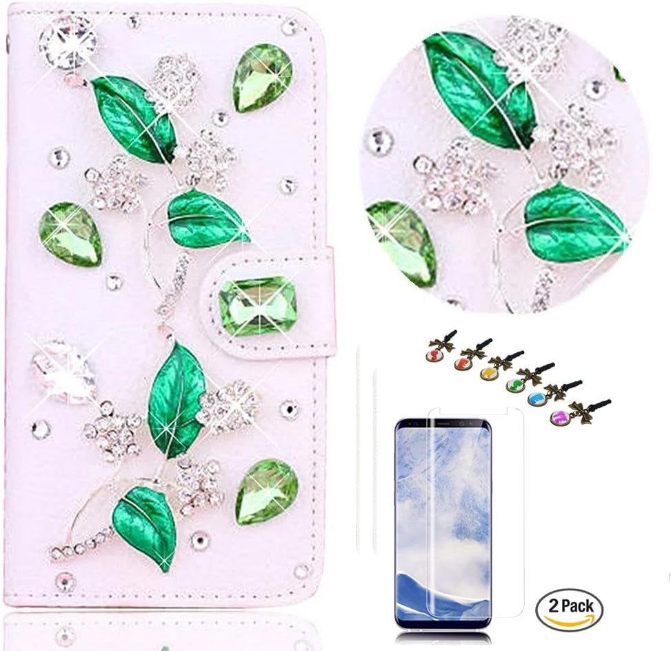 STENES LG V30 Case - STYLISH - 3D Handmade Crystal Leopard Flowers Design Wallet Credit Card Slots Fold Media Stand Leather Cover for LG V30 / LG V30 plus with Screen Protector - Gold  STENES Leaf / Green  