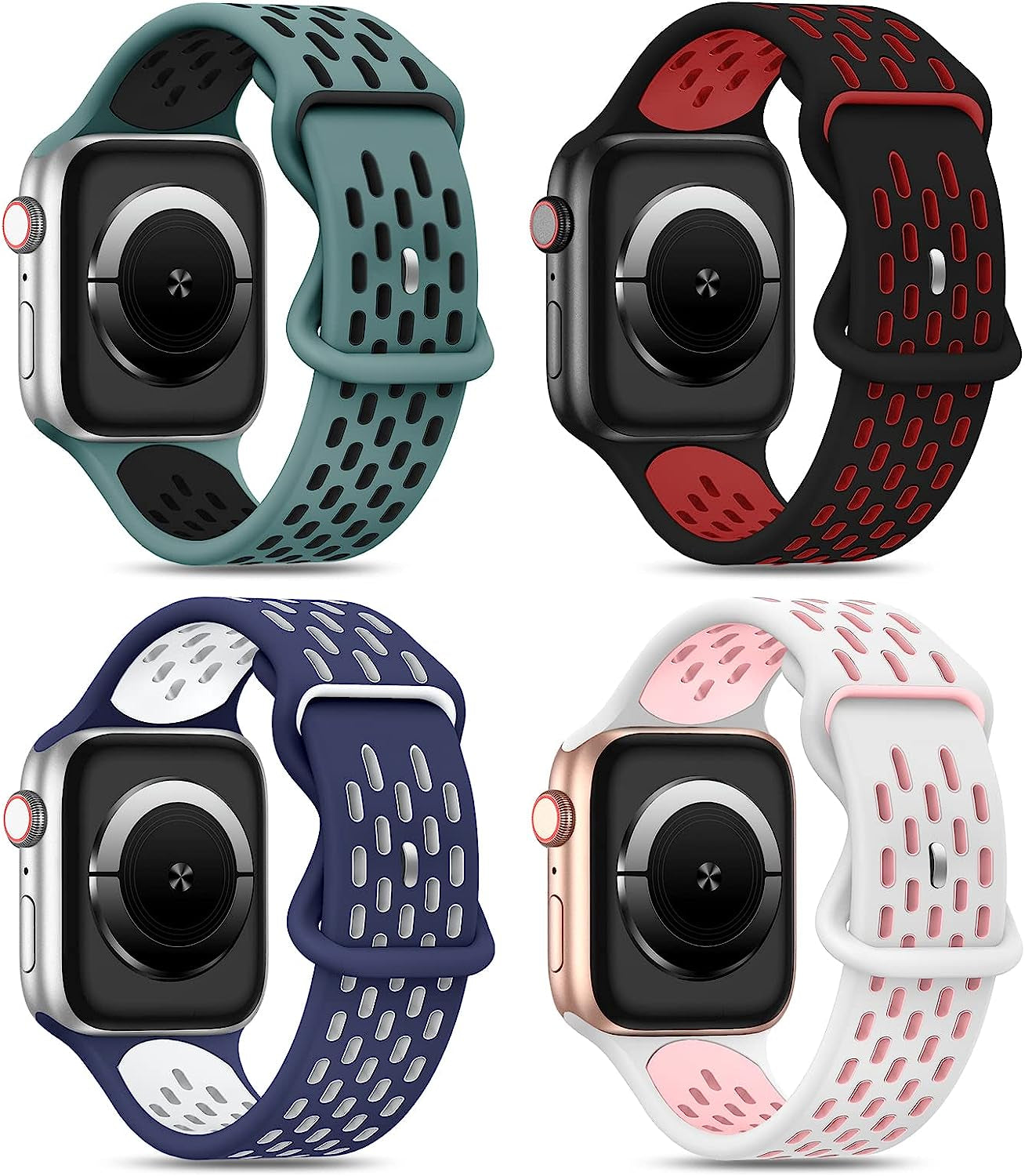 Shalila 4 Pack Sport Bands Compatible with Apple Watch Band 49Mm 45Mm 44Mm 42Mm 41Mm 40Mm 38Mm for Men Women, Silicone Breathable Wristband Replacement Strap for Iwatch Ultra Series 8/7/SE/6/5/4/3/2/1  Shalila Cactus Black/Black Red/Blue Whtie/White Pink 38/40/41mm 