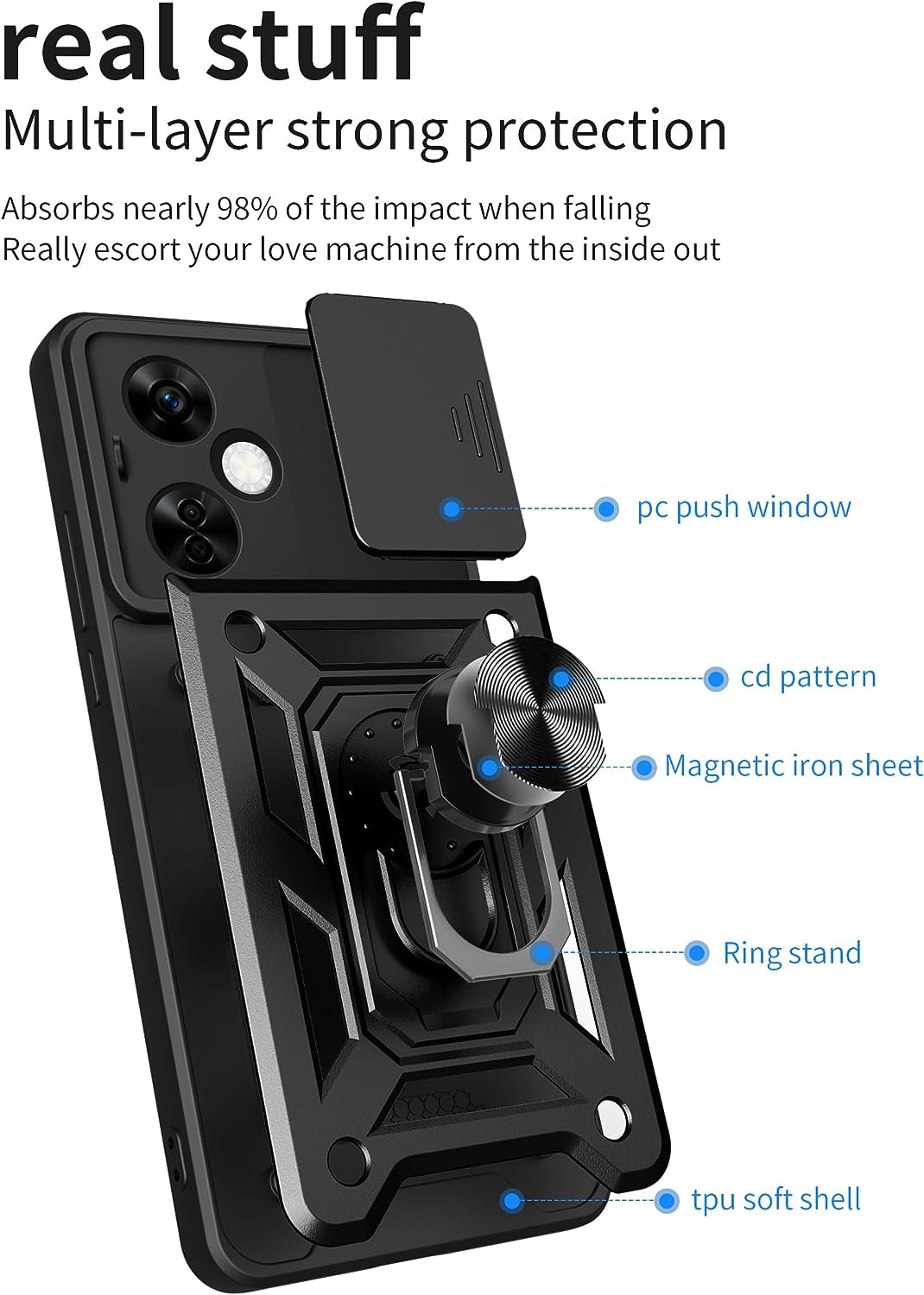 Jusy Case for Oneplus Nord N30 5G with 2 HD Screen Protector, Slide Camera Cover, Kickstand Ring, Magnetic Rugged Durable Drop Protection Phone Cover for 1+ Nord N30 5G (Black)  Jusy   