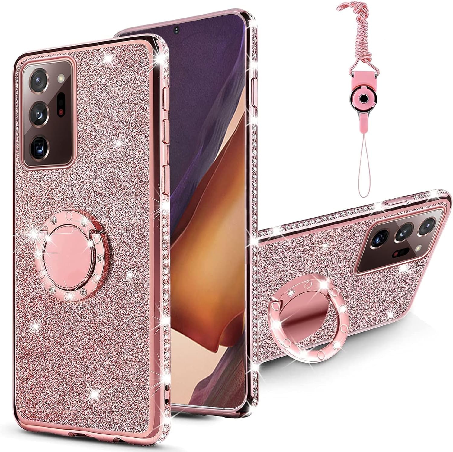 Case for Galaxy Note 20 Ultra 5G Girls Women Cute Luxury Glitter Shiny Sparkly Shell with Ring Stand UPC Soft Slim Bumper Shockproof Protective Phone Cover for Samsung Galaxy Note 20 Ultra 6.9" - Pink  Easyscen Rose Gold  