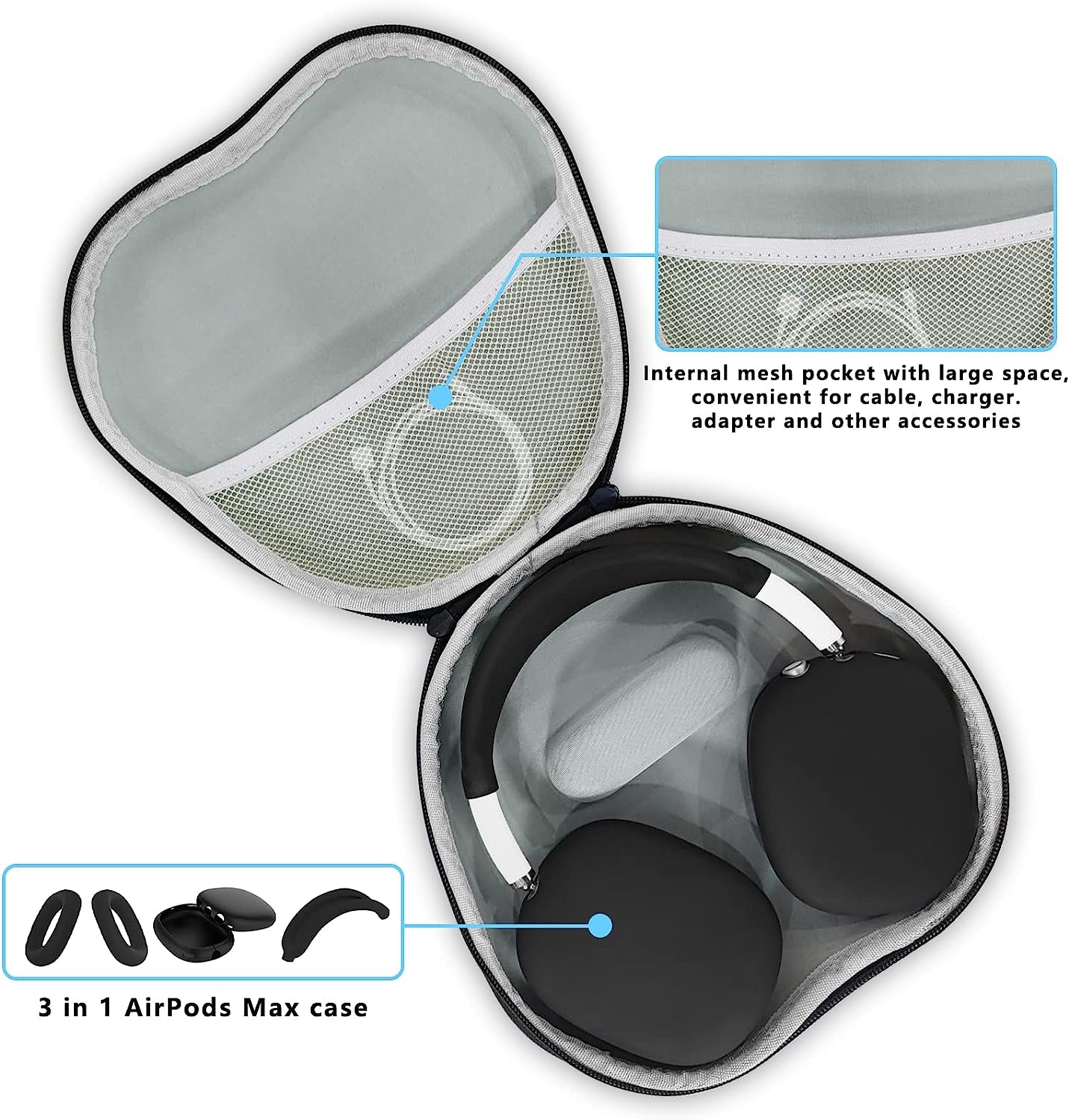 Aiaabq Hard Case for Airpods Max,Travel Carrying Headphone Case Include Silicone Anti-Scratch Ear Pad Case Cover/Ear Cups Cover/Headband Cover,Airpods Max Protective Portable Storage Bag (Black)  Aiaabq   