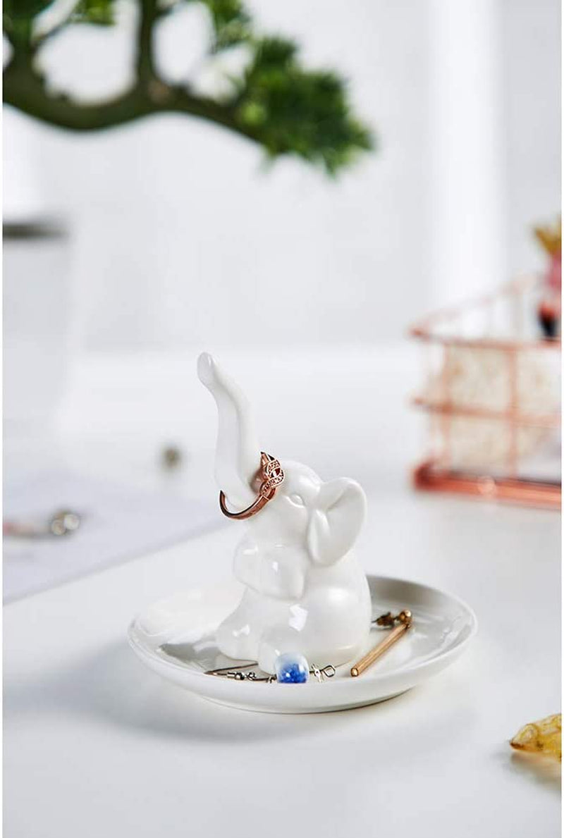 HOME SMILE Elephant Ring Dish Holder for Jewelry,Elephant Gifts for Women Chritsmas,Engagement Wedding Trinket Trays,Ceramic White  QY   