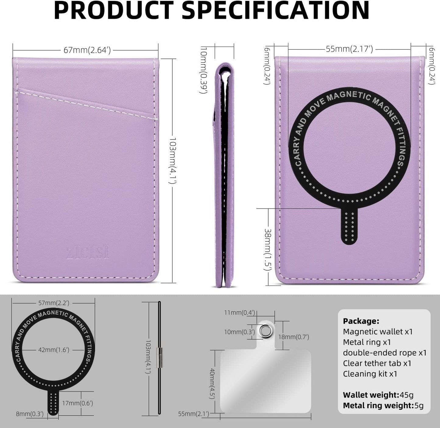 ZICISI Genuine Leather Detachable Magnetic Wallet Compatible with Magsafe Wallets Stand with 5 Card Slots & RFID Blocking&Metal Ring,For Iphone 14/13/12 Pro Max,Samsung and Android Phone Case,Purple  ZICISI   