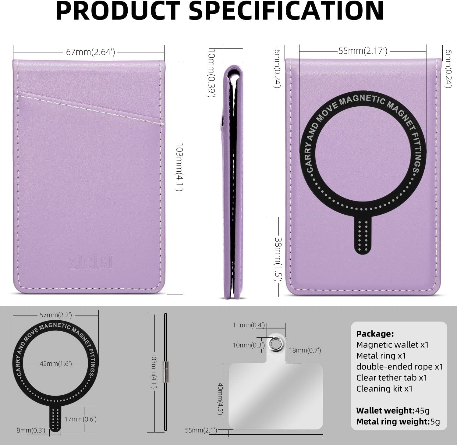 ZICISI Genuine Leather Detachable Magnetic Wallet Compatible with Magsafe Wallets Stand with 5 Card Slots & RFID Blocking&Metal Ring,For Iphone 14/13/12 Pro Max,Samsung and Android Phone Case,Purple  ZICISI   