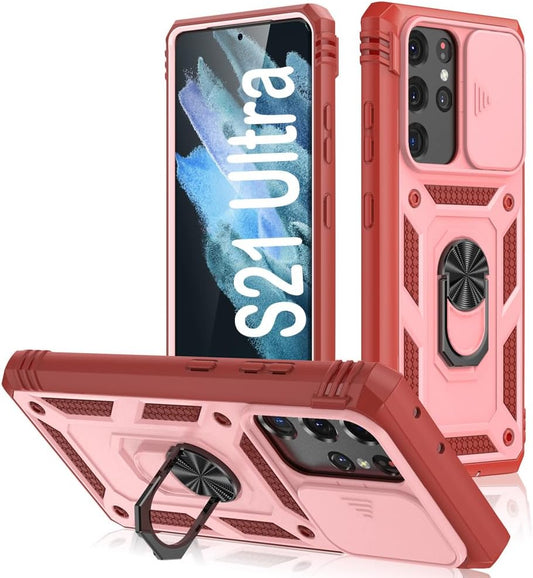 PASNEW for Samsung Galaxy S21 Ultra Case,Finger Ring Kickstand & Camera Cover Slide & Charge Port Dust Plug,Military Heavy Duty Full Body Shockproof Protective Hard Shell S21Ultra,6.8 Inch,Pink  PASNEW   