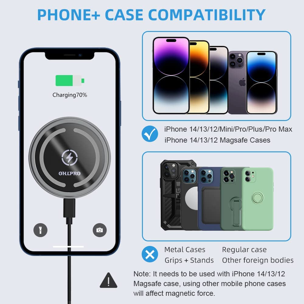 Magnetic Wireless Car Charger Mount, Stick on the Dashboard for Magsafe Iphone 14/14 Pro/14 Max/13/13 Pro/13 Pro Max/ 12/12Pro/Mini, Fast Charging Auto-Alignment Air Vent Phone Holder (Dark Grey)  OHLPRO   