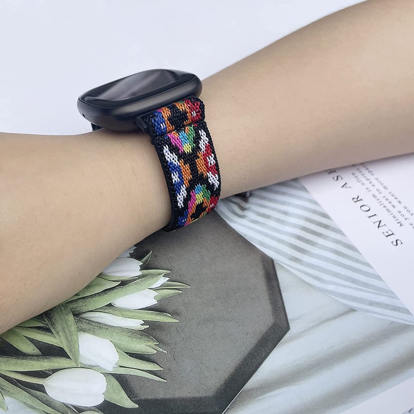 4 Pack Stretchy Bands Compatible with Fitbit Versa 3/Fitbit Versa 4/Fitbit Sense 2/Fitbit Sense Bands Women Men, Adjustable Elastic Breathable Loop Nylon Replacement Straps for Fitbit Sense & Versa 3  POHNUI   