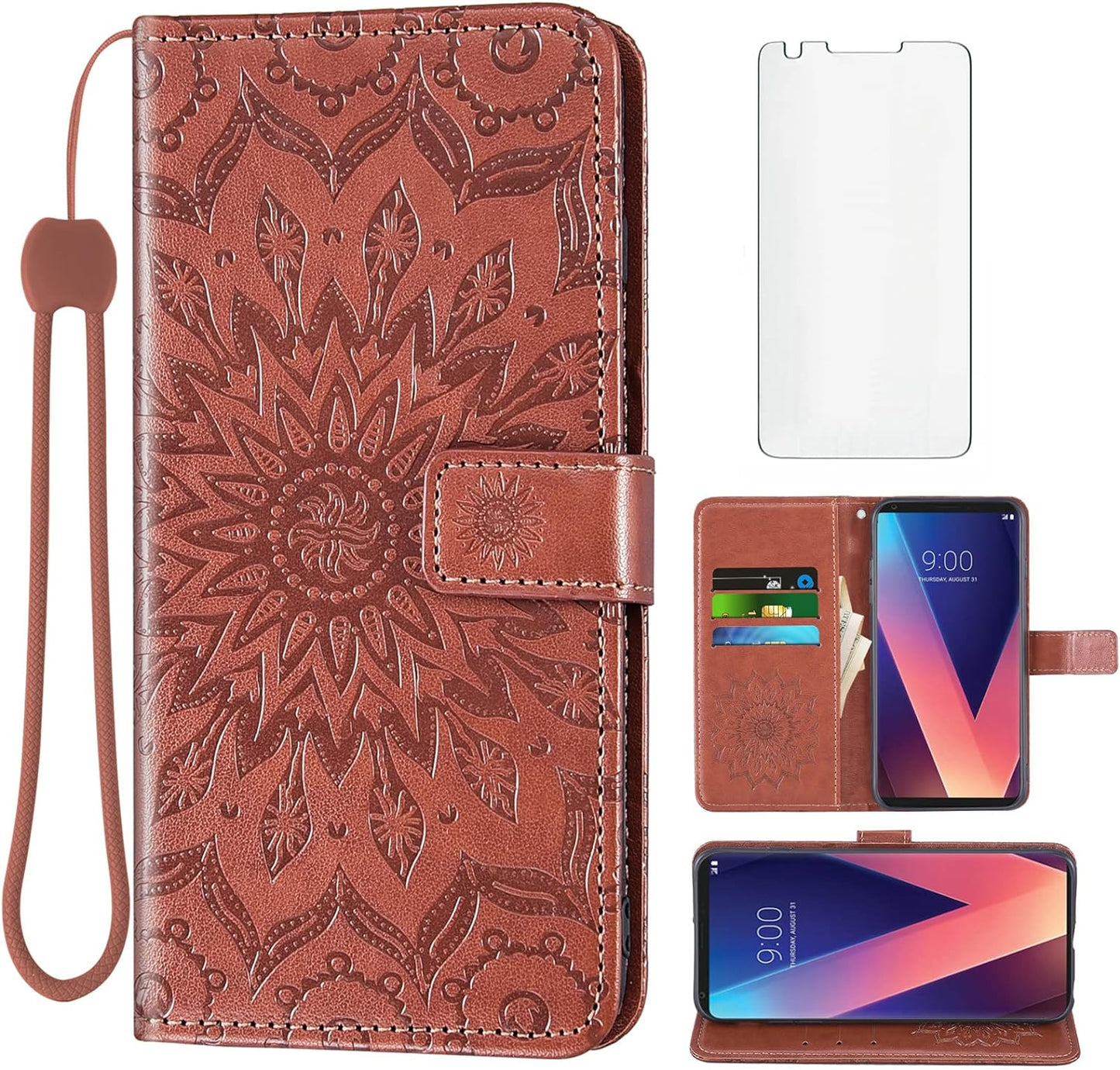 Phone Case for LG V35 Thinq V30 plus Wallet with Tempered Glass Screen Protector and Leather Flip Cover Card Holder Stand Cell Accessories LGV30 LGV35 LG30 LG35 V 30 35 V30+ V30S H931 Women Men Blue  Asuwish Brown  