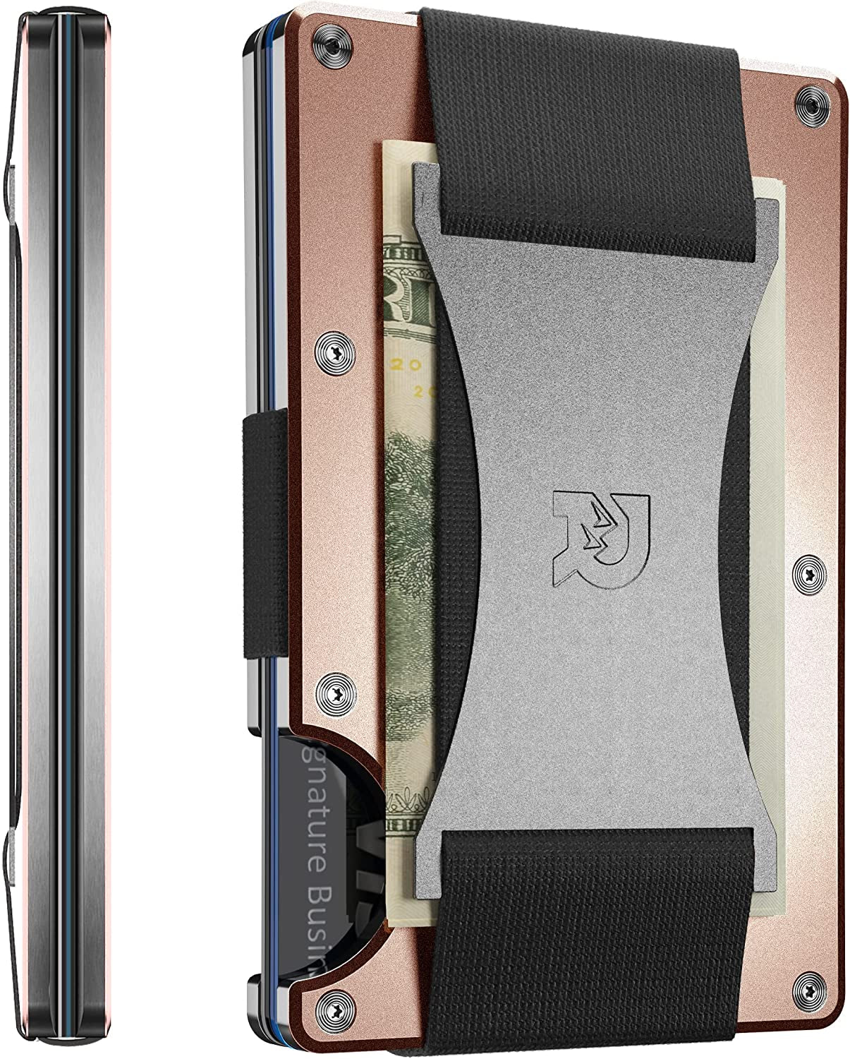 The Ridge Minimalist Slim Wallet for Men - RFID Blocking Front Pocket Credit Card Holder - Aluminum Metal Small Mens Wallets with Cash Strap (Matte Olive)  The Ridge Rose Gold  