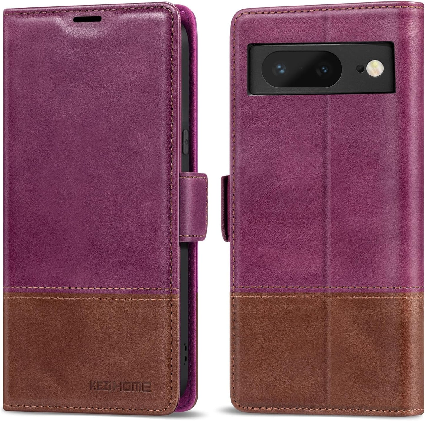 Kezihome Case for Google Pixel 8, Genuine Leather [RFID Blocking] Wallet Case with Card Holder Kickstand Flip Heavy Duty Protective Phone Cover for Google Pixel 8 5G (Black/Brown)  KEZiHOME Purple/Brown  