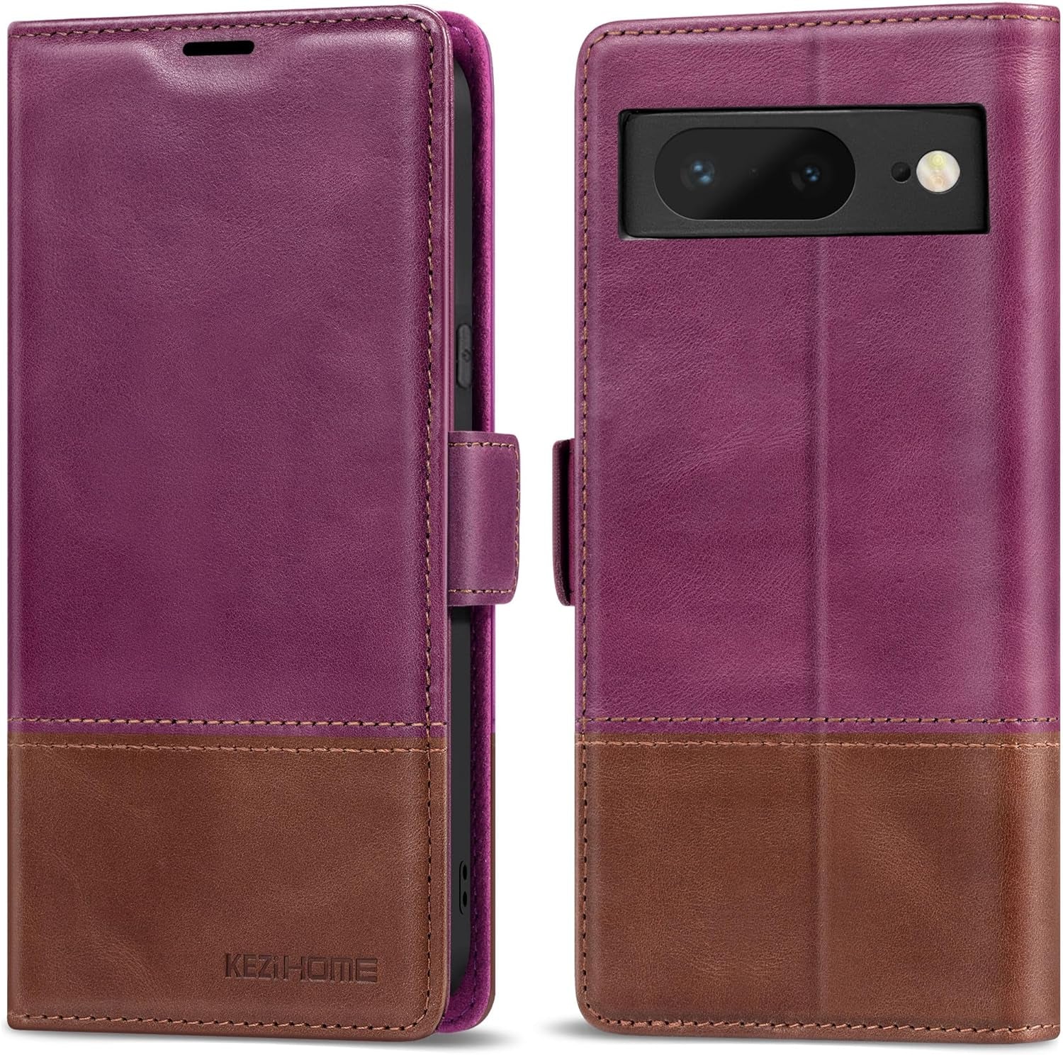Kezihome Case for Google Pixel 8, Genuine Leather [RFID Blocking] Wallet Case with Card Holder Kickstand Flip Heavy Duty Protective Phone Cover for Google Pixel 8 5G (Black/Brown)  KEZiHOME Purple/Brown  